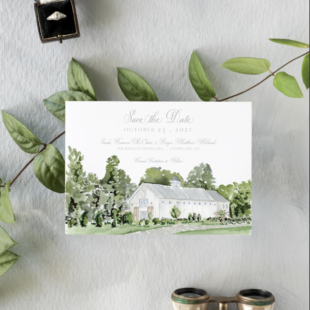 White Barn Watercolor Save the Date on Grey background with greenery and vintage binoculars