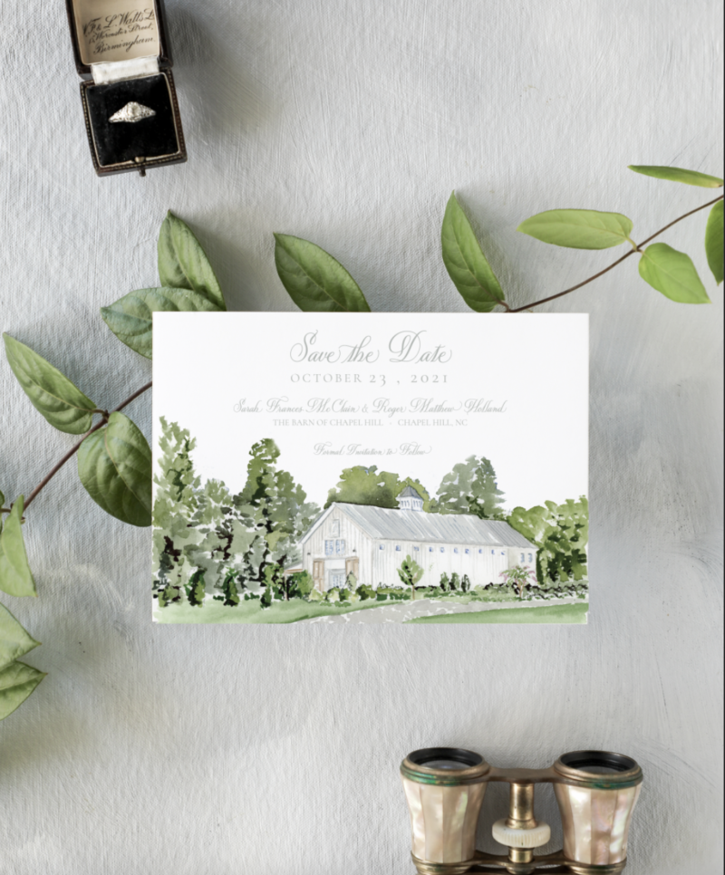 White Barn Watercolor Save the Date on Grey background with greenery and vintage binoculars