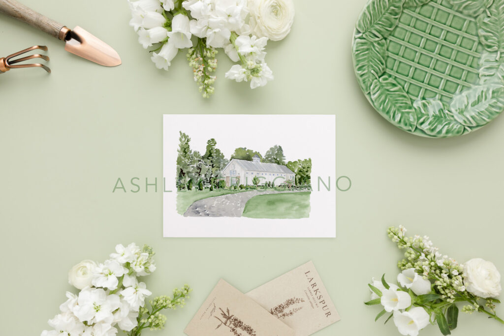Barn of Chapel Hill Painting on Green Background with White Flowers and Garden Wedding Feel