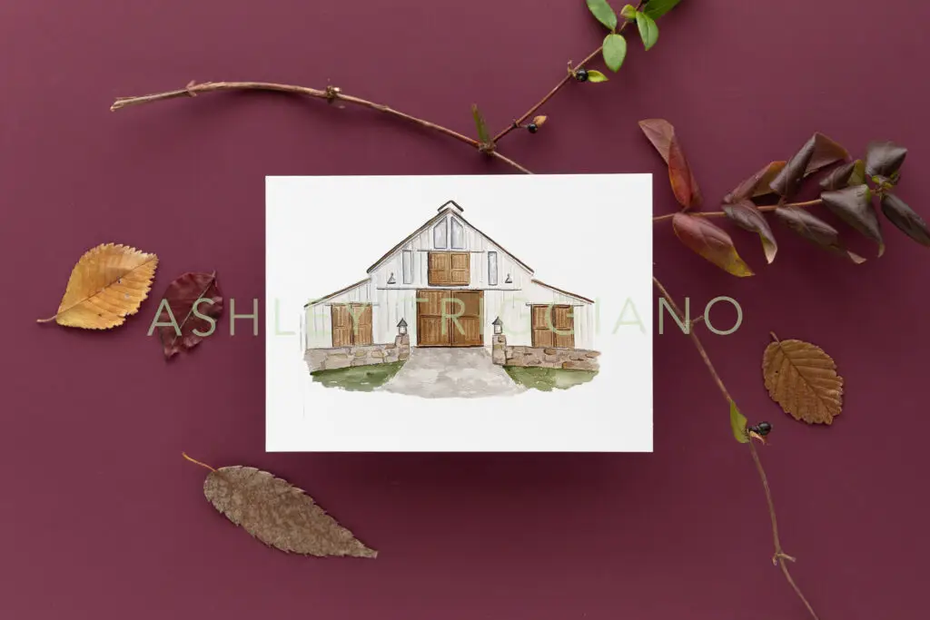 Barn on New River Mountain Barn Wedding Venue painting on deep burgundy fall background for an autumn wedding