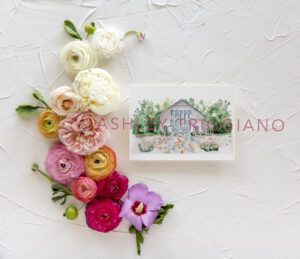 Carolina grove wedding painting for invitations on a white background with pink orange and right roses