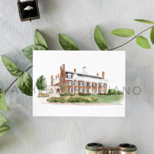 Side view of The Carolina Inn as a watercolor painting on a paper laying on greenery and leaves by binoculars