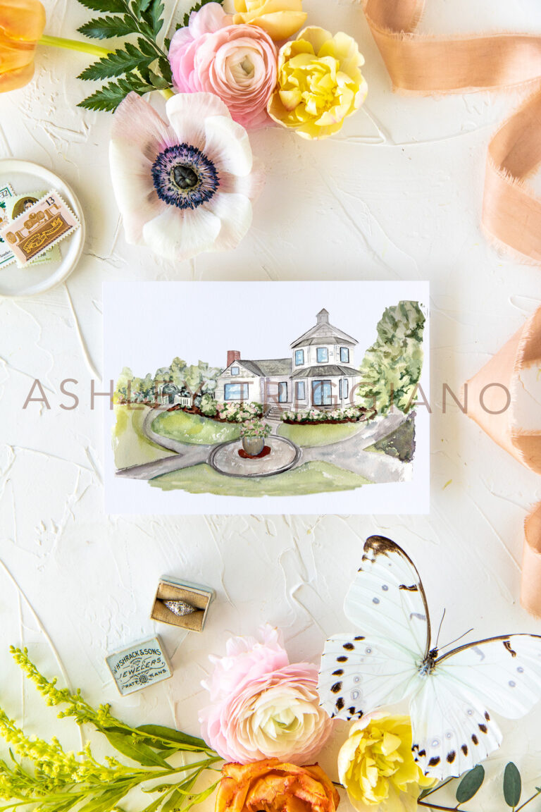 Covington Gardens painting on paper surrounded by botanical elements and bright flowers for wedding day flatly