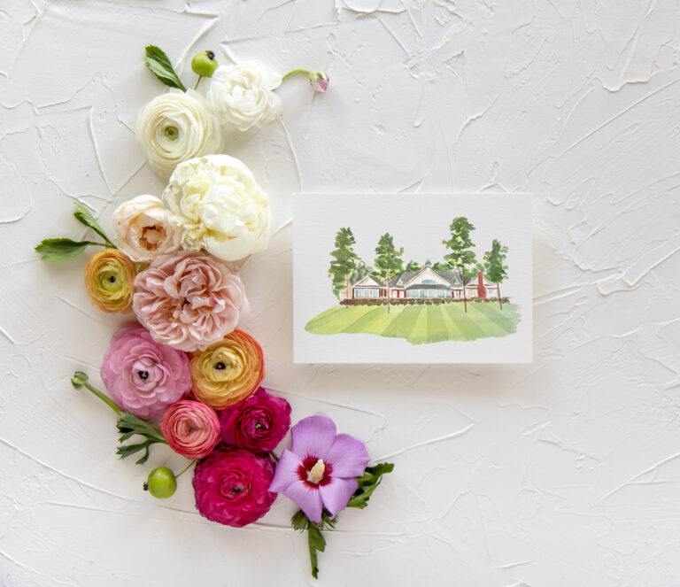 gates four illustration of golf club for wedding invitations on a white background with colorful flowers