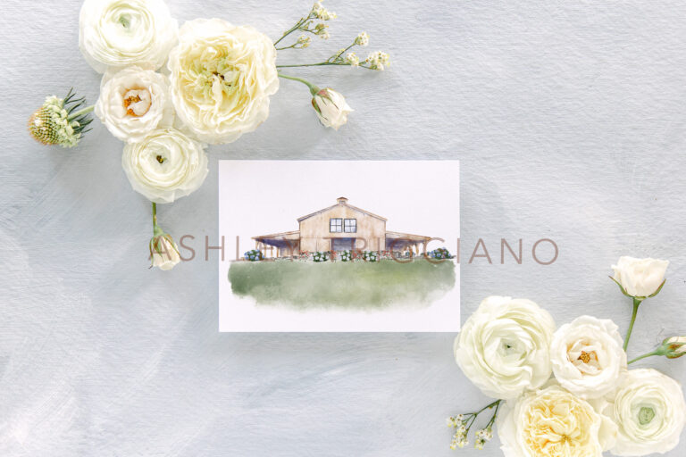 hayfield at Murchison farms watercolor painting on a gray background with ivory wedding flowers