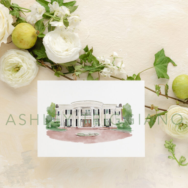 holland estate watercolor for wedding invitations and stationer on an Italian stone background with pears and florals and greenery