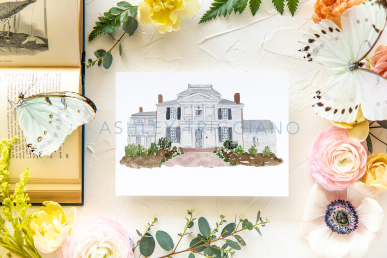 Leslie Alford mims house watercolor painting for wedding invitations shown on a pink backdrop with botanical styling elements and butterflies in a spring wedding style