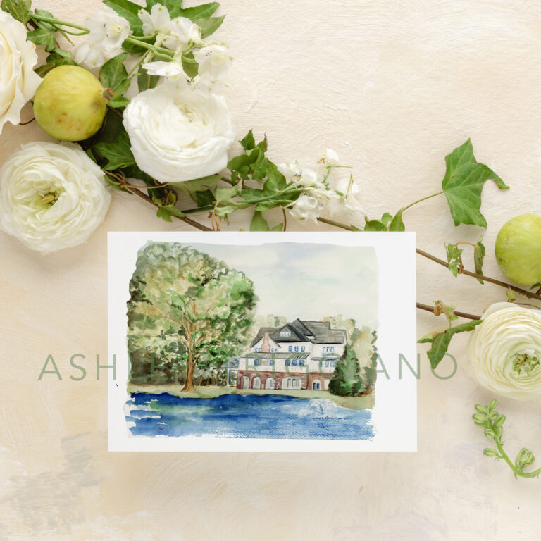 the oaks at Salem watercolor painting for wedding invitations on a cream background with Italian accents