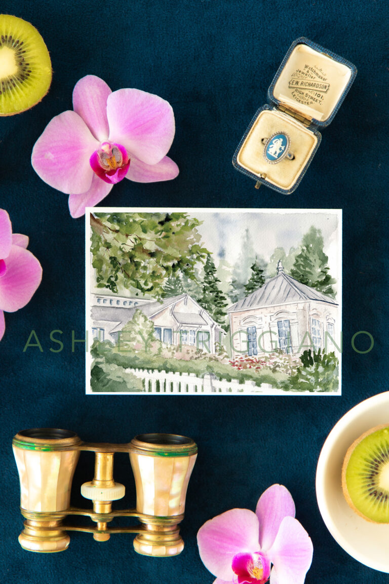 venue illustration of the orchard house at old Edwards inn as a watercolor on a navy blue background