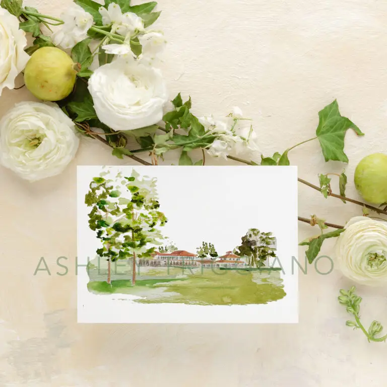 pinehurst golf course wedding venue illustration on paper