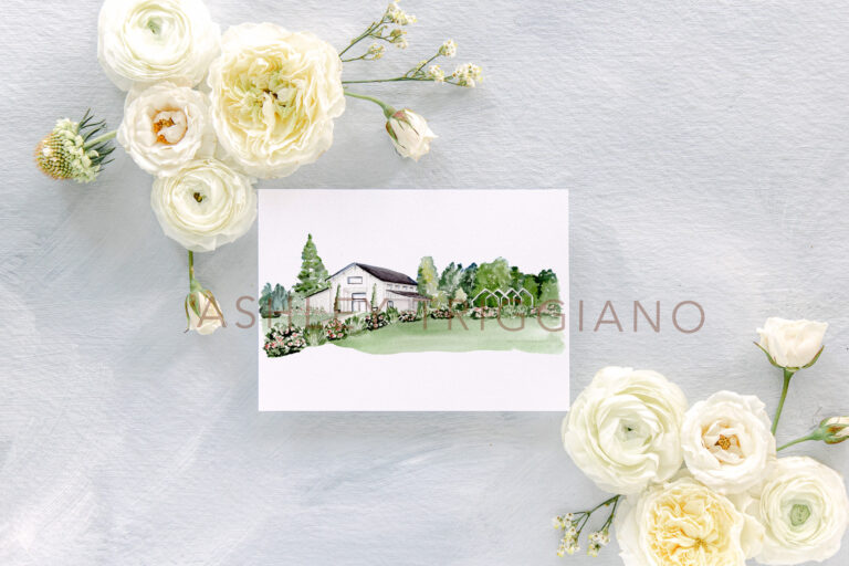 venue at white oaks watercolor painting for wedding invitations and wedding day stationery on a gray background with white flowers