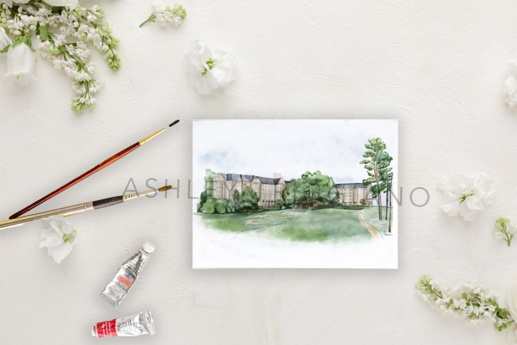 Washington Duke Inn watercolor for wedding invitations or day-of goods pictured with watercolor brushes and paints handpainted by local nc watercolor artist Ashley Triggiano