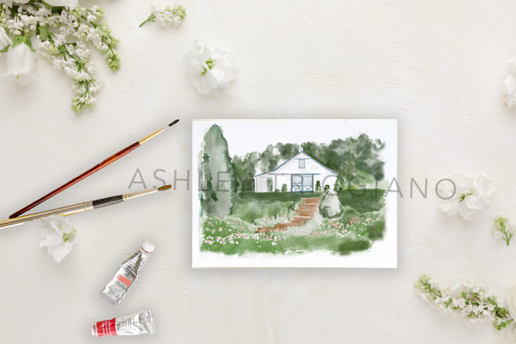 walnut hill garden view of the rustic barn against the pines as a watercolor painting with watercolor paints and brushes on a flat surface with white flowers