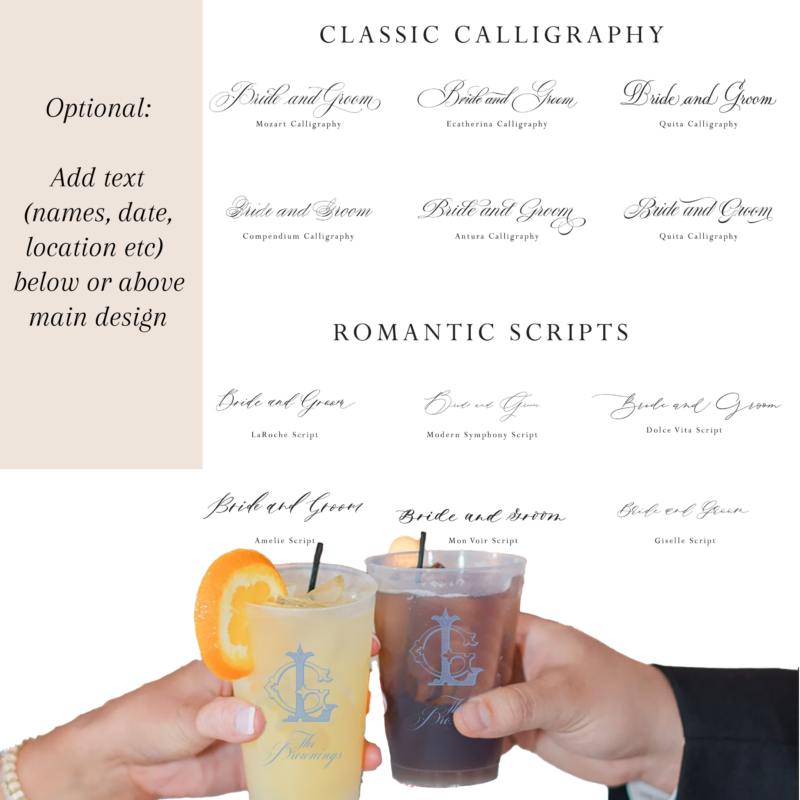 font option examples for frosted party cups with couple's hands toasting at bottom