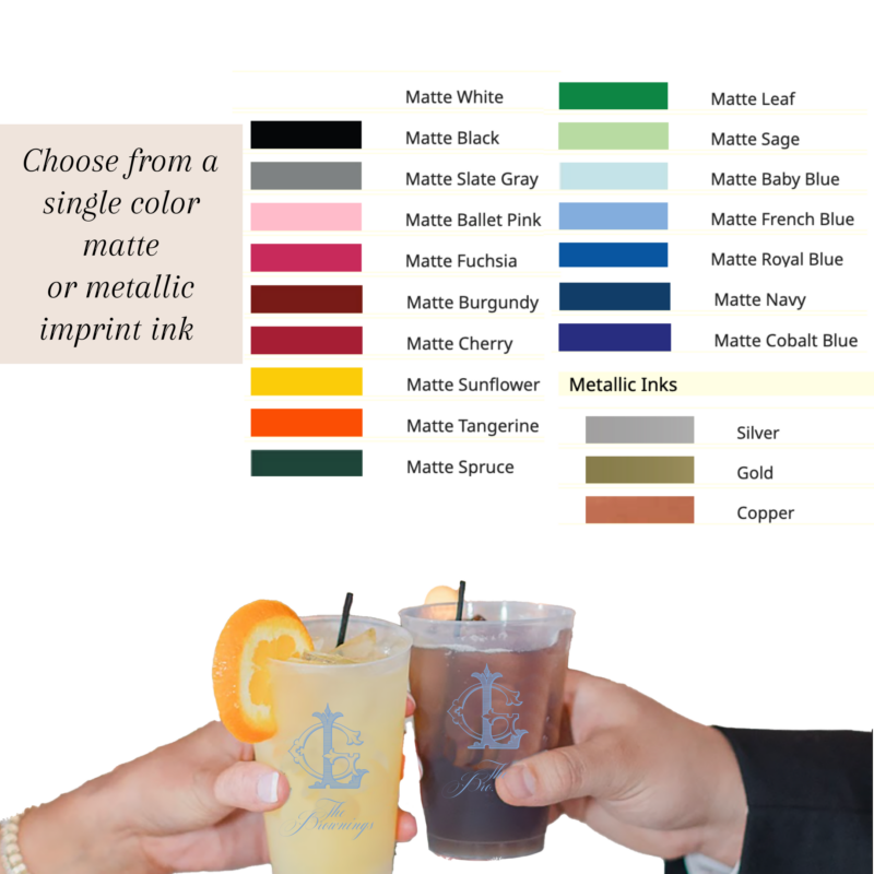 monogram color options for frosted cups in couple's hands toasting on white background at wedding