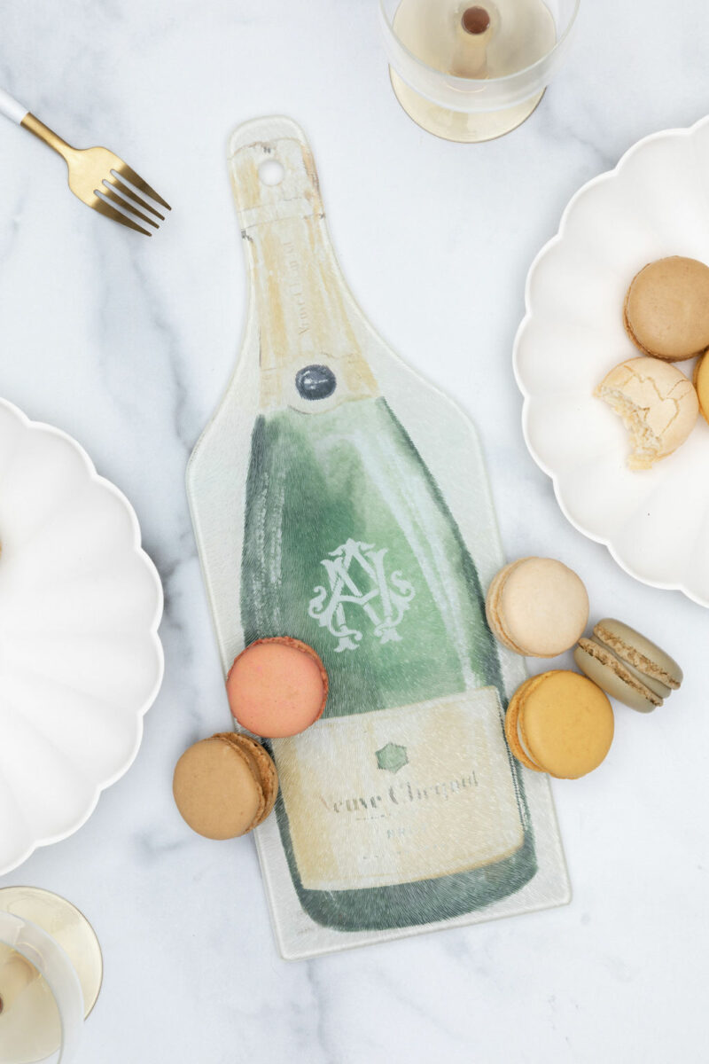 Shuler studio monogrammed champagne cutting board with macarons for a bridal shower party