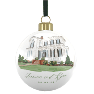 a merrimon wynne watercolor illustration on white bone china Christmas ornament with dark green velvet ribbon