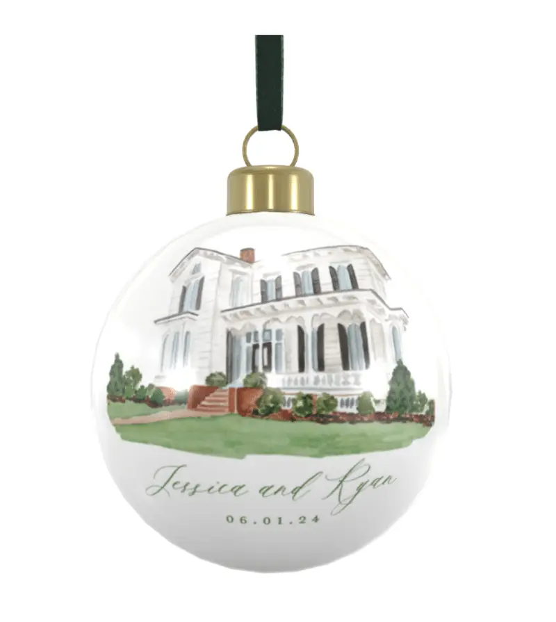 a merrimon wynne watercolor illustration on white bone china Christmas ornament with dark green velvet ribbon