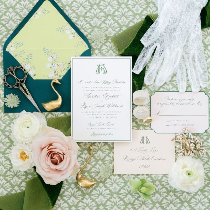 chinoiserie wedding stationery on green background with various Bridgeton inspired decorative objects