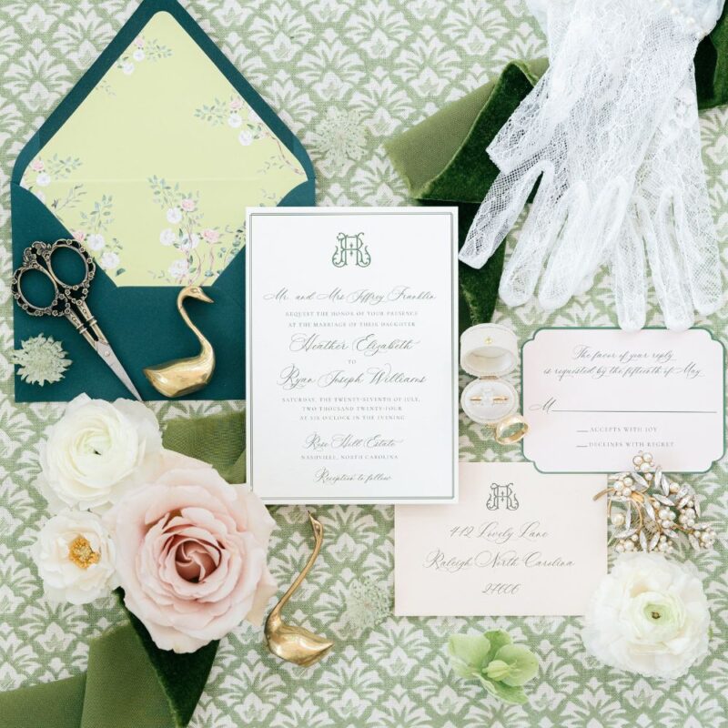 chinoiserie wedding stationery on green background with various Bridgeton inspired decorative objects