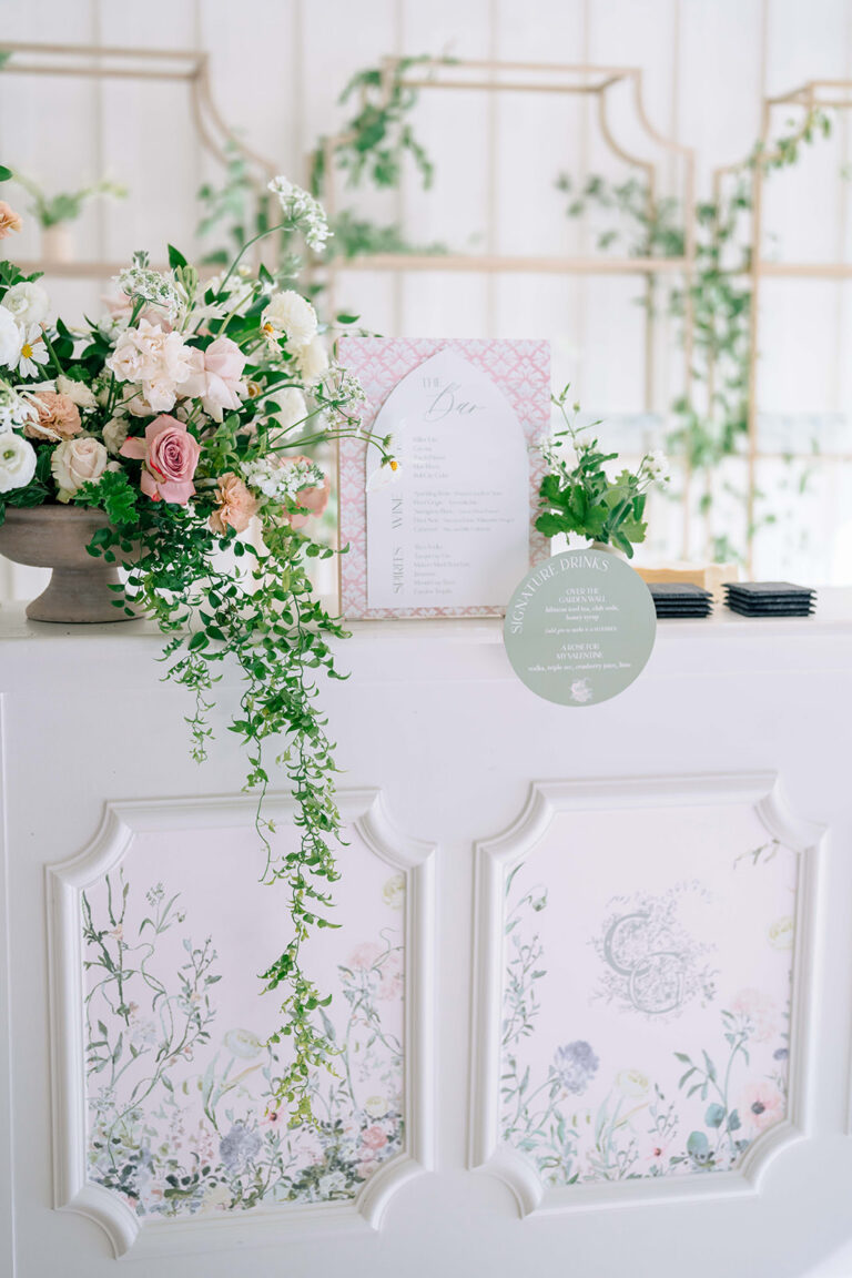 bar menu and floral custom wallpapered bar at Carolina grove wedding