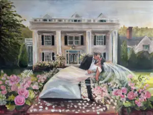 live wedding painting of rose hill newlyweds celebrating after wedding ceremony in front of manor house